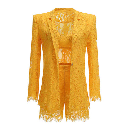 Women's Hot Yellow Lace Three-piece Suspender With Suits