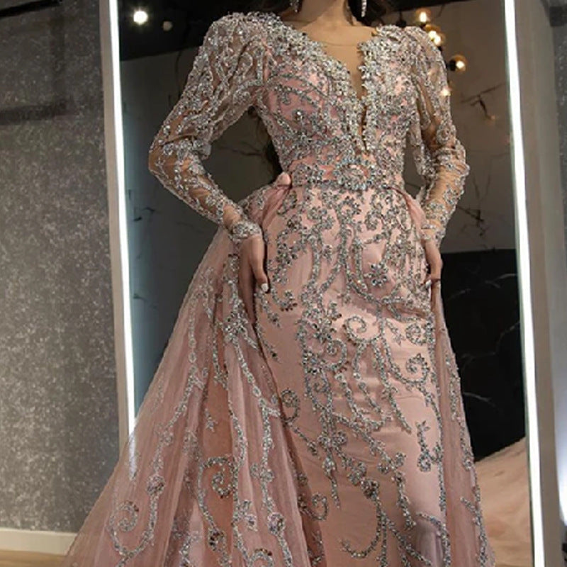 Spring Sexy Hip Tail Long Dress Pink Sequin Wedding Dresses