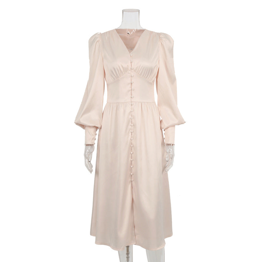 Women's Sleeve Elegant Slim Satin Court Waist Dresses