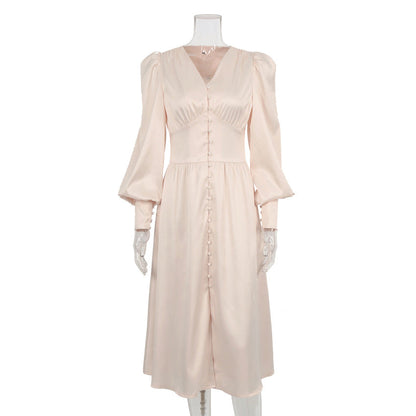 Women's Sleeve Elegant Slim Satin Court Waist Dresses