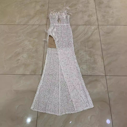 Gorgeous Feather Sequins Beaded High Slit White Tube Dresses