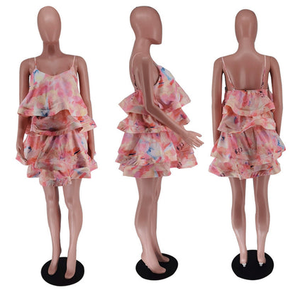 Women's Layered Printed Plastic Fishbone Suspender Dress Dresses