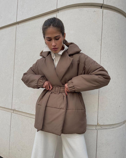 Women's Padded Lapel Cinched Slimming Pure Color Coats
