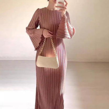 Women's Autumn Dress Elegant Pleated Bell Sleeve Dresses
