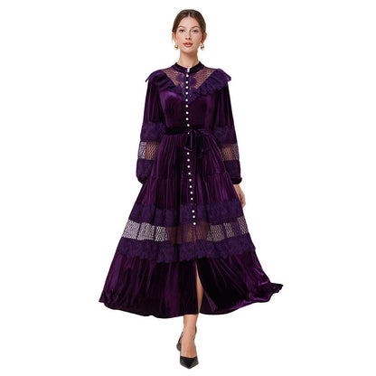 Women's Fashion Stand Collar Pearl Single-breasted Lace Stitching Dresses