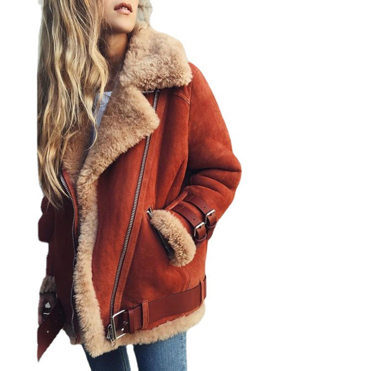 Women's Thickened Lamb Fur Warm Deerskin Veet Motorcycle Coats