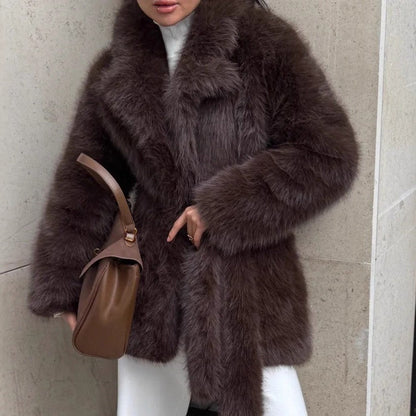 Women's Winter Thickened Faux Fur Mid-length Belt Fox Coats