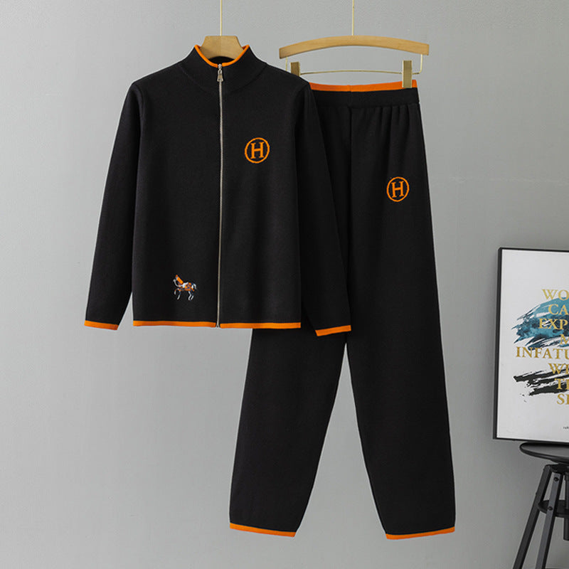 Women's Knitting Creative Horse Embroidery Long Sleeve Casual Trousers Suits