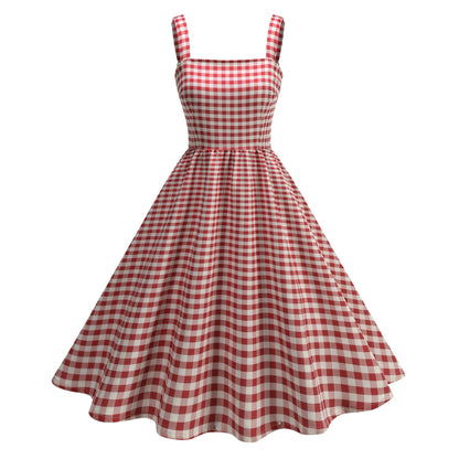 Pink Plaid Young Strap Long Dress Tops