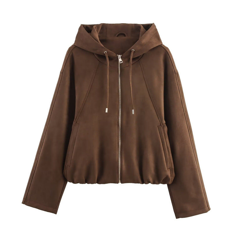 Women's Loose Hooded Suede Texture Effect Jackets