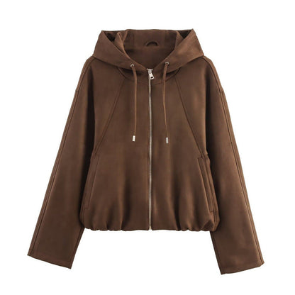 Women's Loose Hooded Suede Texture Effect Jackets