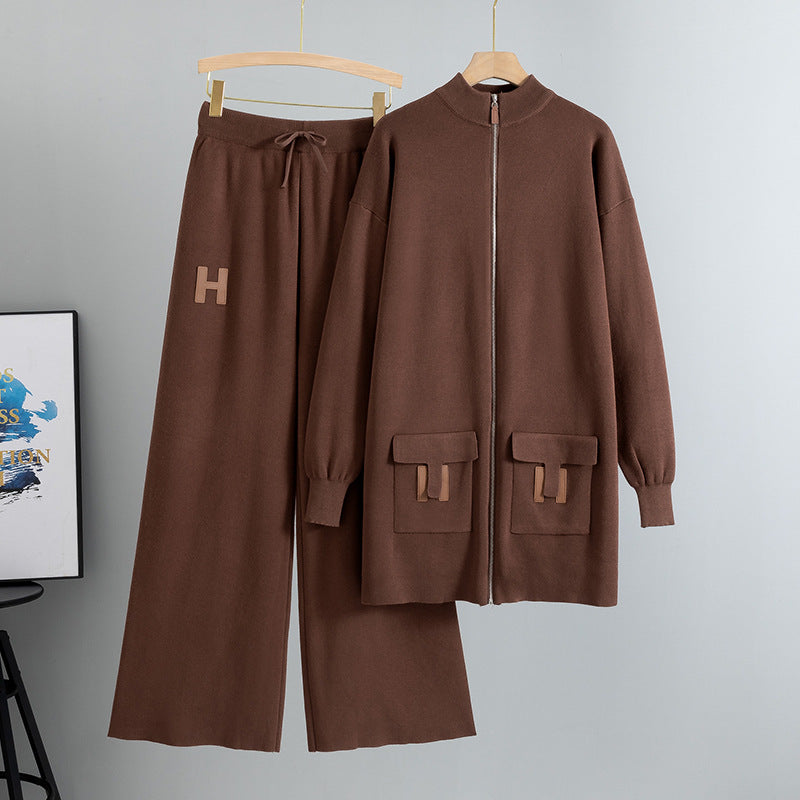 Women's Graceful Fashionable Casual Mid-length Knitted Two-piece Suits