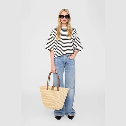 Women's American Niche Front Embroidered Framed Letter Stripes Terry Loose Blouses