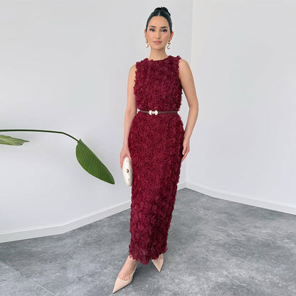 Women's Round Neck Sleeveless Ruffled Elegant Dress Dresses