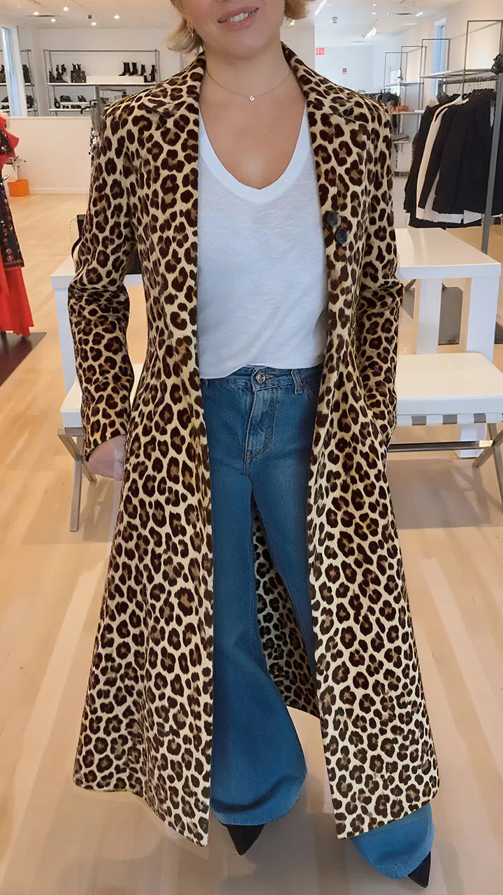 Women's Lapel Leopard Print Casual Trench Commuting Coats