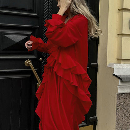 Women's French Ruffled Long-sleeved Dress Red Casual Dresses
