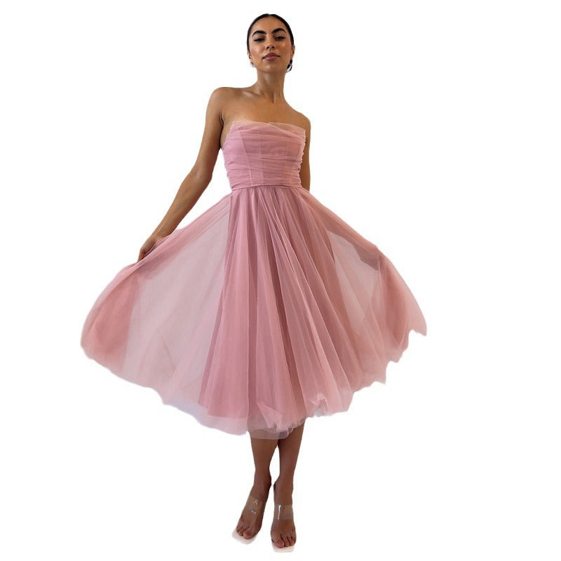 Women's Mesh Fishbone Tube Dress Waist A- Dresses