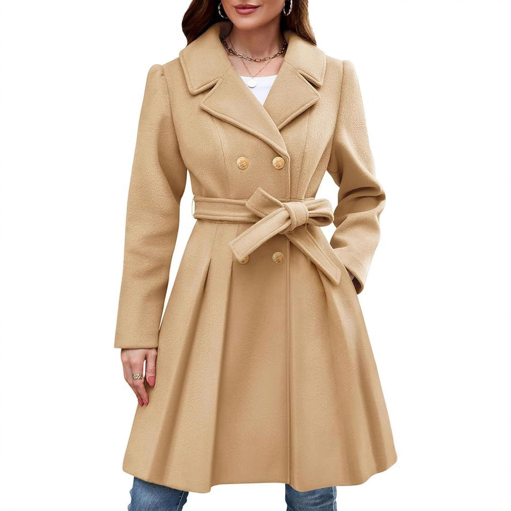 Women's Slim Double-breasted Notched Lapel Woolen With Coats