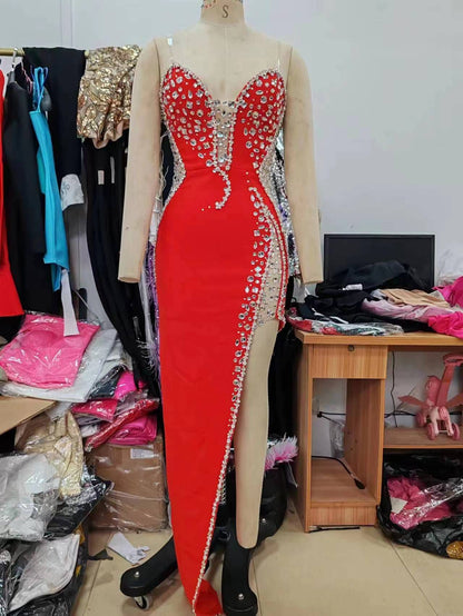 Dress Veet Sexy High Slit Beaded Dresses