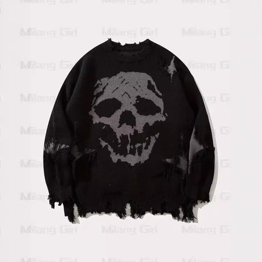 Skull Pattern Personality Street Ripped Pullover Sweaters