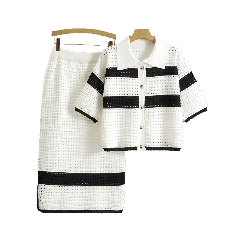 Women's Summer Fashion Elegant Striped Knitted Short-sleeved Midi Suits