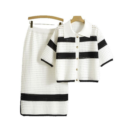 Women's Summer Fashion Elegant Striped Knitted Short-sleeved Midi Suits