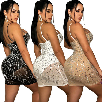 Women's Summer Fashion Nightclub Sexy Mesh Rhinestone Tassel Dresses