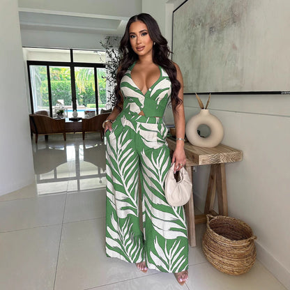 Women's Sexy Print Halter Smocking Wide Leg Suits