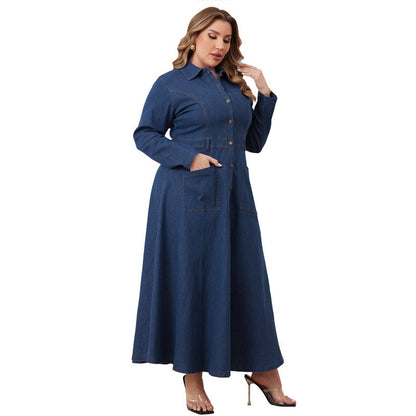 Women's Large Denim Lapel Long Sleeve Dress Coats