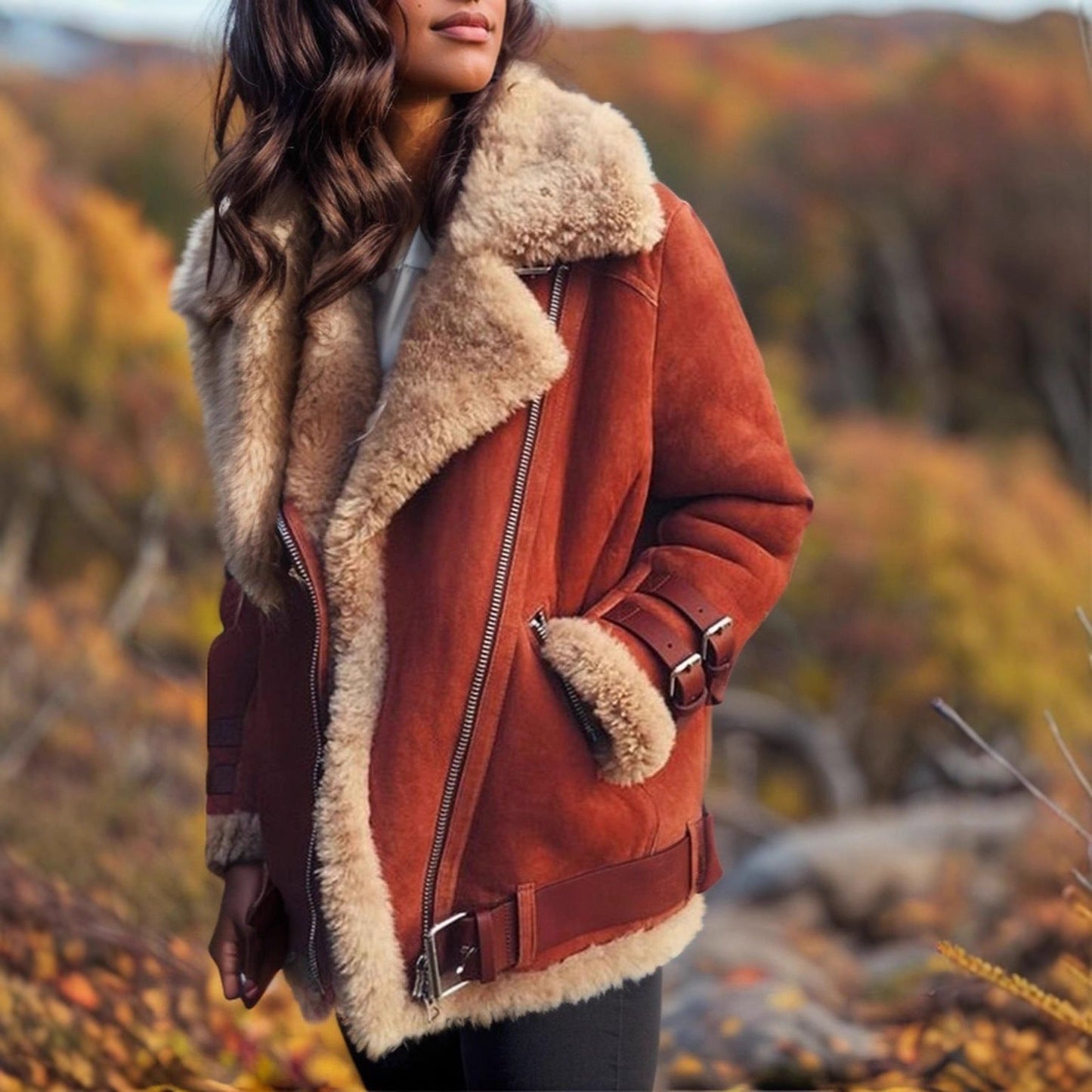 Women's Motorcycle Suede Lamb Wool Lapel Fur Coats