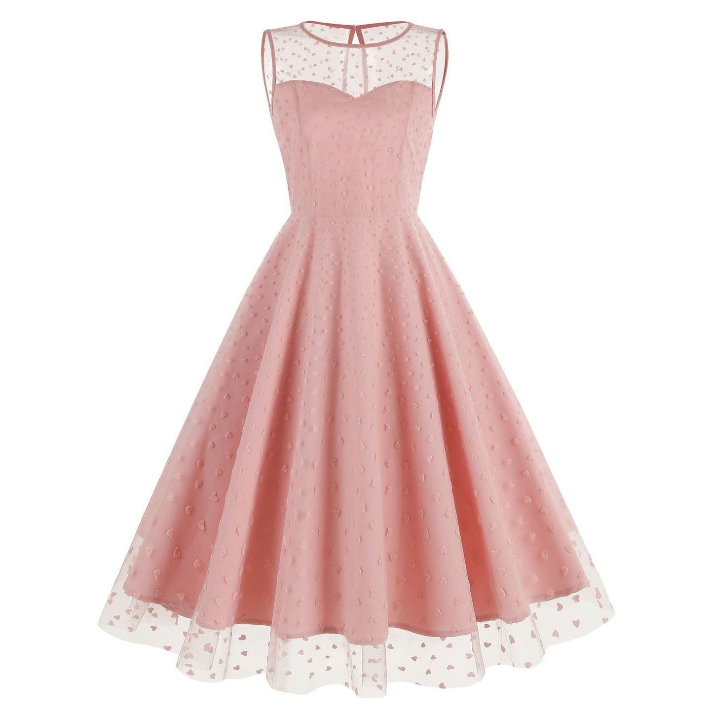 Round Neck Sleeveless Valentine's Day Mesh Embroidered Cherry Dresses