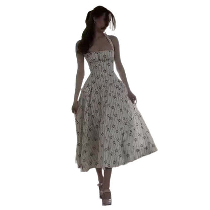 Women's French Halter Waist Trimming Printing Slim Dresses