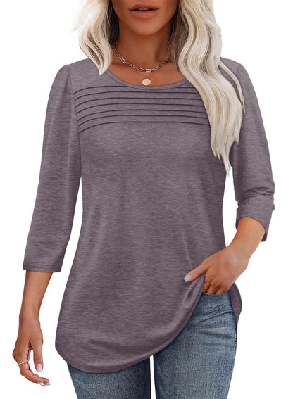 Women's Round Neck Sleeves Chest Tuck Line Blouses