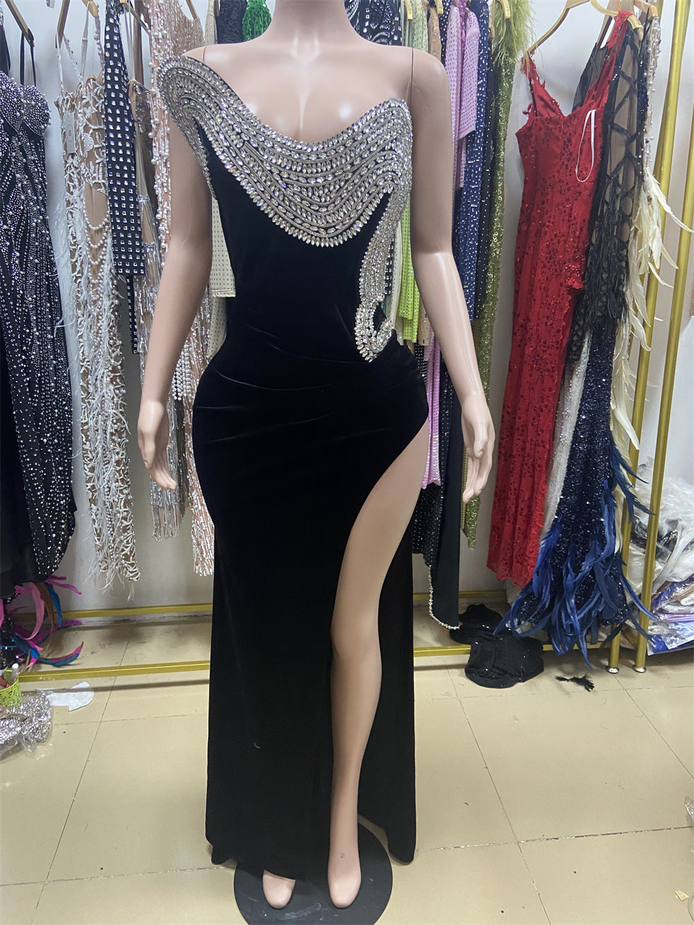 Rhinestone Design High Slit Sleeveless Black Dress Dinner Dresses