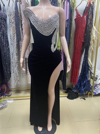 Rhinestone Design High Slit Sleeveless Black Dress Dinner Dresses