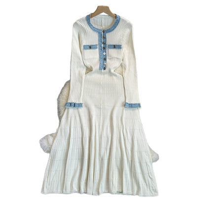 Stitching Denim Knitted Dress Simple Elegant Dresses