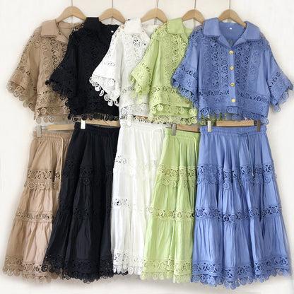 Cut-out Ruffles Shirt Elastic Waist A- Suits