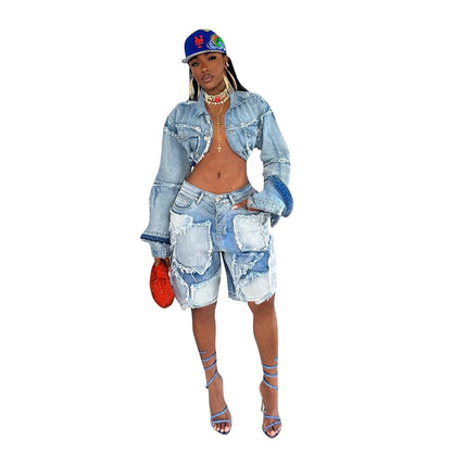 Women's Retro Washed Distressed Patch Denim Suits