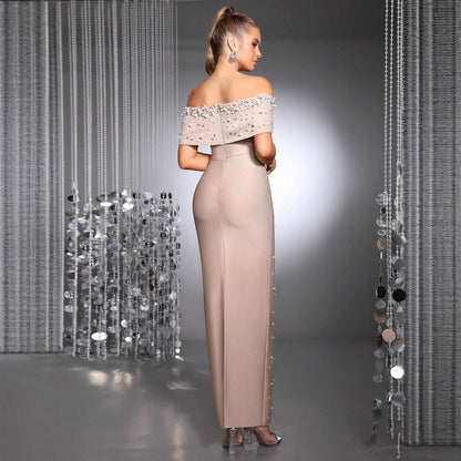 Women's Beaded Rhinestone Tight Bandage Long Dress Dresses