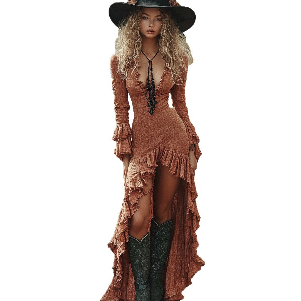 Women's Retro Halloween Sexy Ruffles Solid Color Dresses