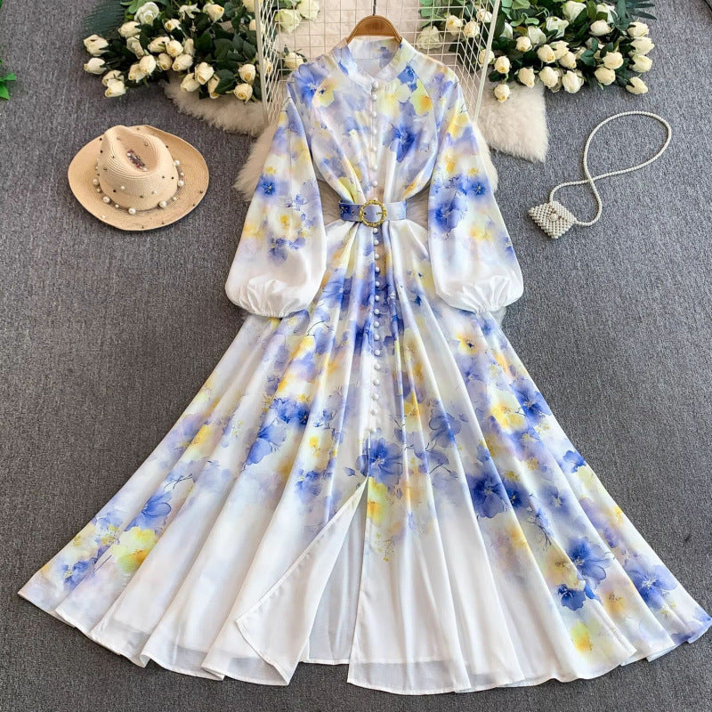 Women's Lantern Long Sleeve Single-breasted Printed Dress Dresses