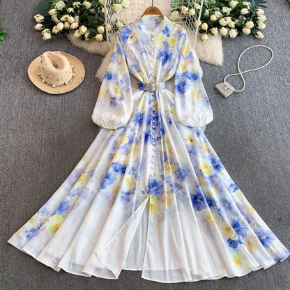Women's Lantern Long Sleeve Single-breasted Printed Dress Dresses