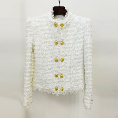 Fashion Tassel Fringe Tweed Stand Collar Coats