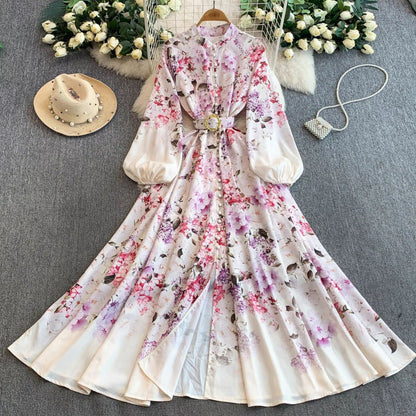 Women's Lantern Long Sleeve Single-breasted Printed Dress Dresses