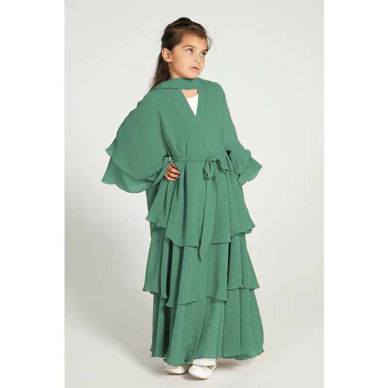 Children's Stitching Solid Color Waist Chiffon Elegant Long Dresses