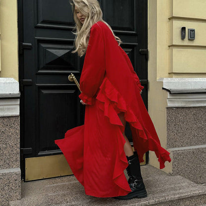 Women's French Ruffled Long-sleeved Dress Red Casual Dresses