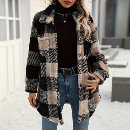 Women's Long Sleeve Double Pocket Plaid Fur Coats