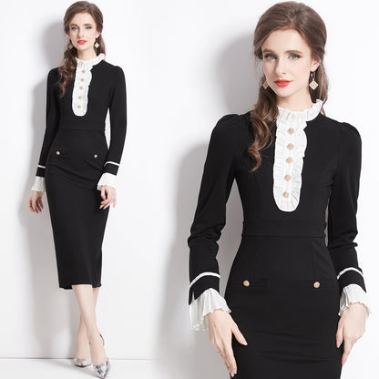 French Hepburn Style Color Contrast Patchwork Petal Collar Dresses