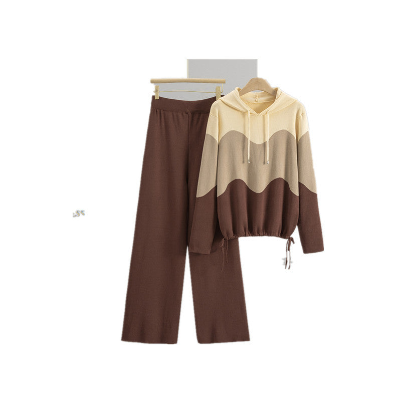 Women's Knitted Hooded Color Matching Casual Sports Suits