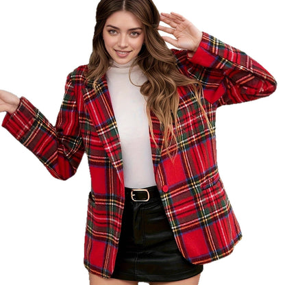Versatile Christmas Red Plaid Long Sleeve Coats